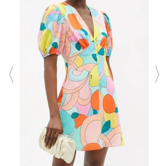 Staud Mini Milla Dress in Citrus Kaleidoscope Multicolor Puff Sleeve in Size 0 - Picture 5 of 16